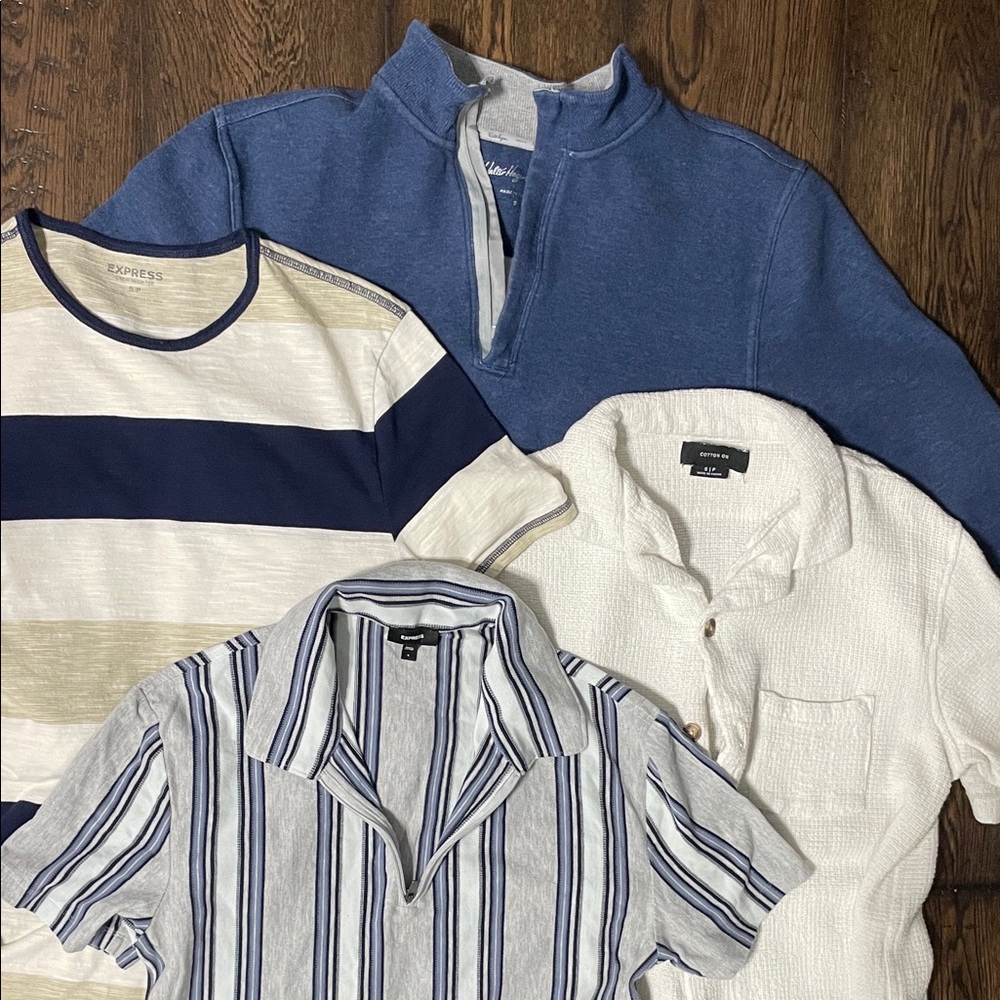 Lot of 4 Mens Blue, Navy & Cream Short Sleeve Top Bundle- Express, Cotton on.